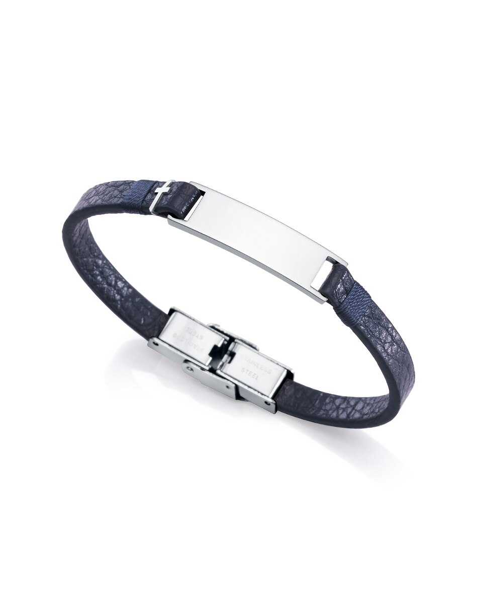 Pulseira Next de Aço e Couro em Azul Azul-2