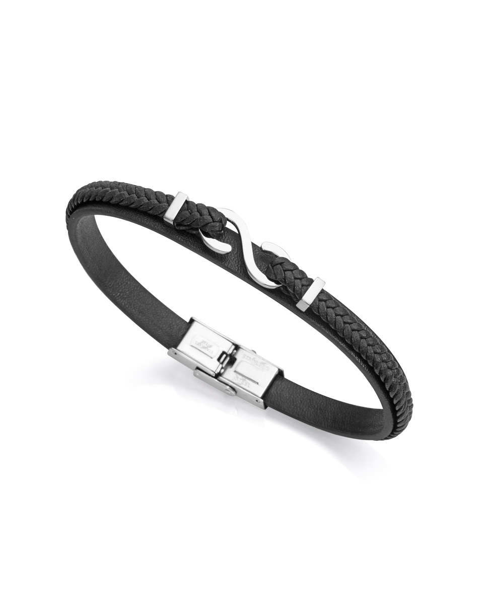 Pulseira Magnum de Aço e Pele em Preto Preto-1