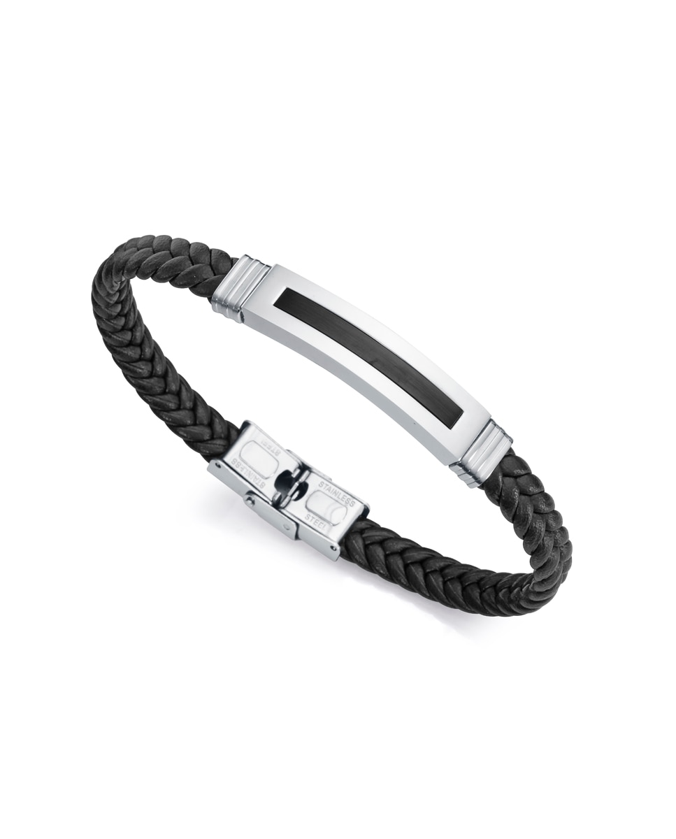 Pulseira Magnum de Aço com Ip Preto e Pele em Preto Preto-1