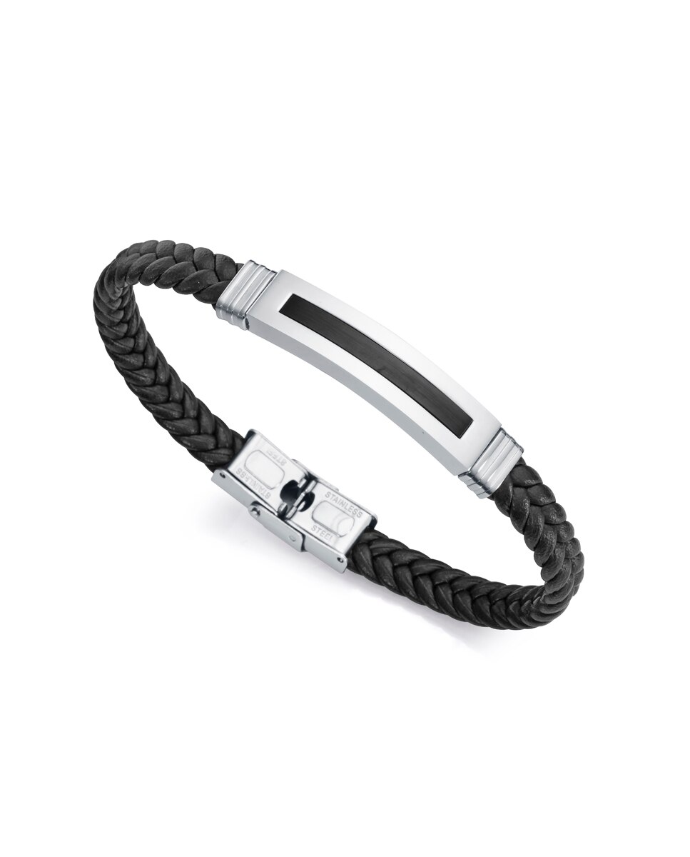 Pulseira Magnum de Aço com Ip Preto e Pele em Preto Preto-2
