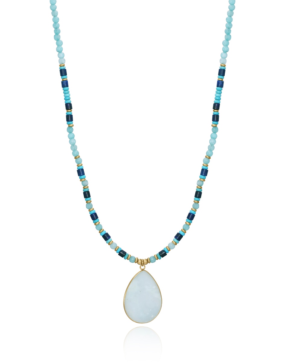 Colar Chic de Aço Ip Dourado e Pedras com Pingente de Pedra Natural Turquesa Azul-turquesa-1