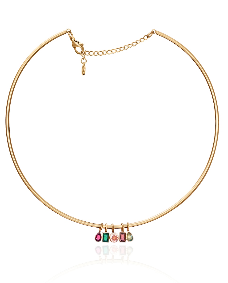 Colar Chic de Aço Ip Dourado Semi Rígido com Cristais e Zircónias de Cores Multicolor-1