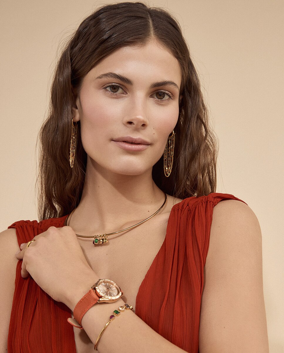 Colar Chic de Aço Ip Dourado Semi Rígido com Cristais e Zircónias de Cores Multicolor-2