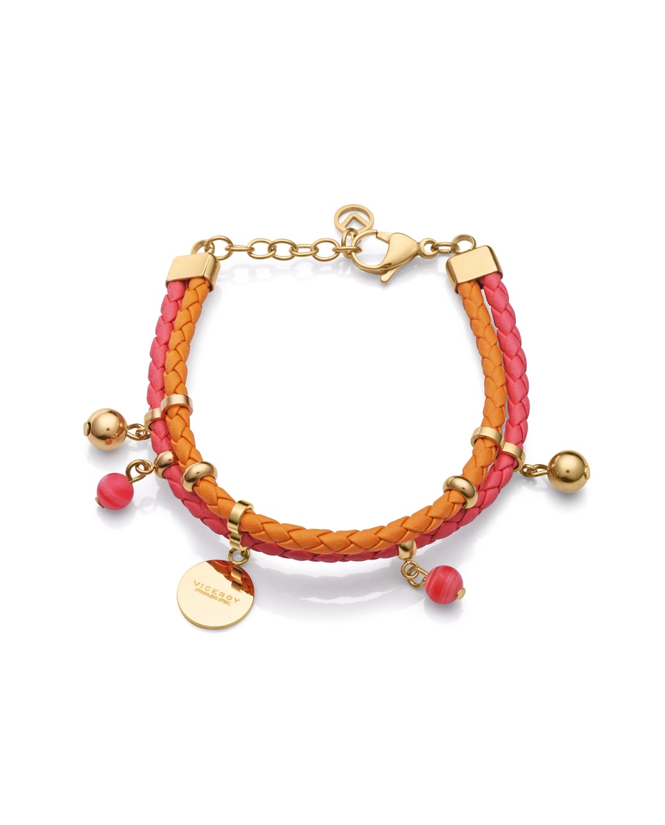 Pulseira Chic de Aço Ip Dourado e Pele Entrançada com Pendentes e Pedras Multicolor-1