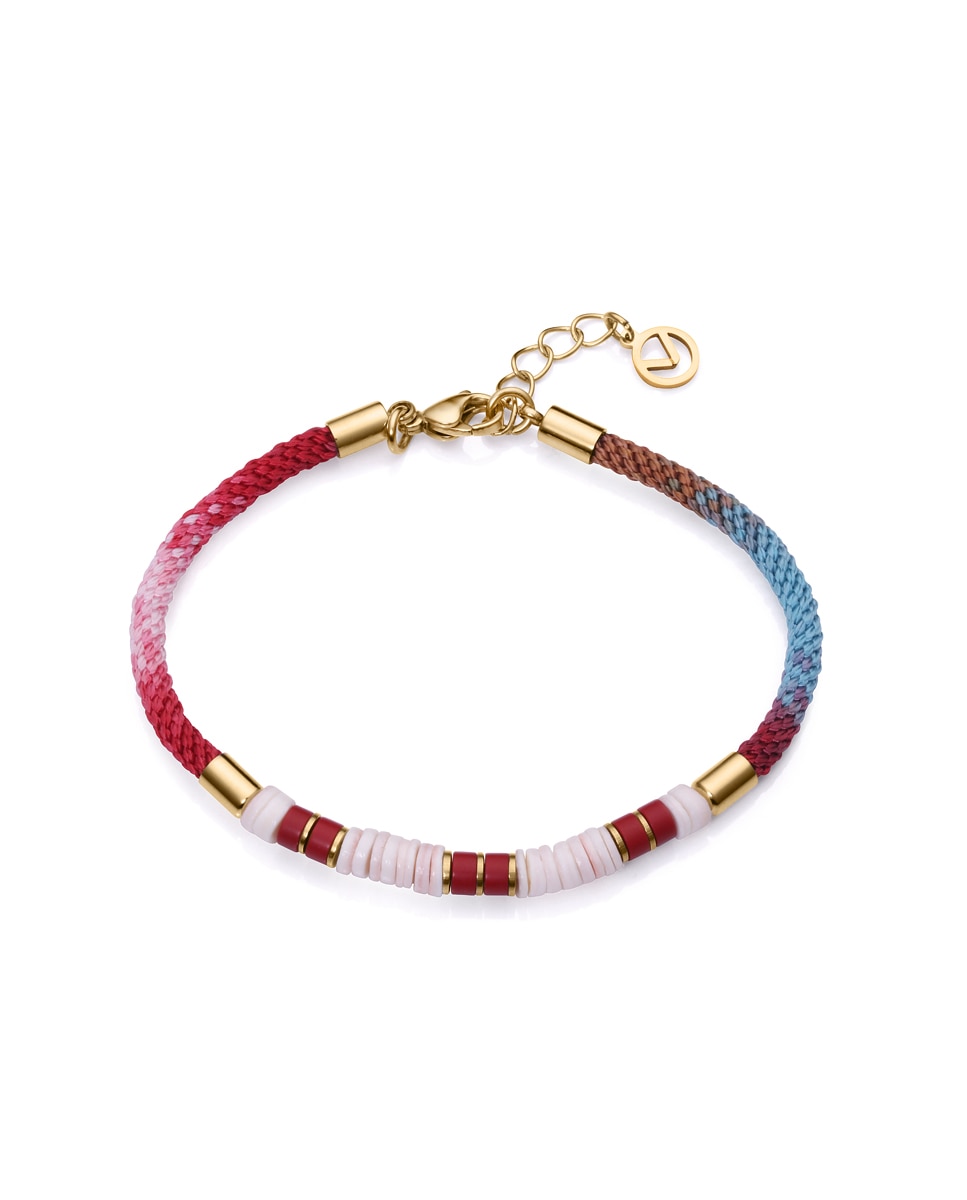 Pulseira Kiss de Aço Ip Dourado e Cordão Multicolor com Pedras Vermelhas Sintéticas e Naturais Multicolor-1