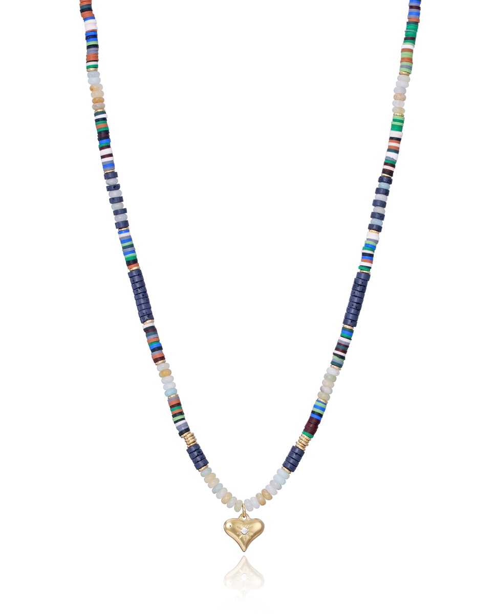 Colar Kiss de Aço com Pedras Coloridas e Pingente Coração em Ip Dourado Multicolor-1