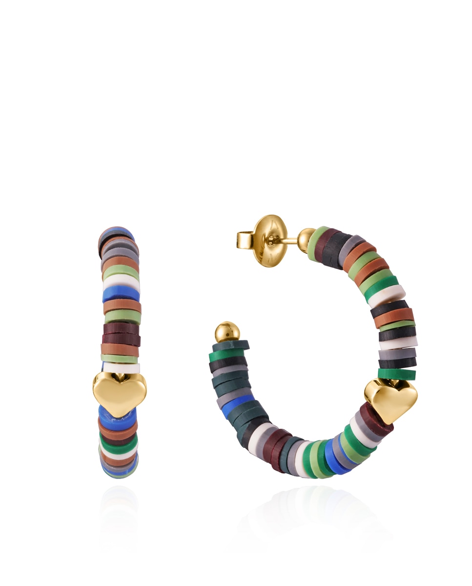Brincos Kiss de Aço Ip Dourado com Resina de Cores e Coração Ip Dourado Multicolor-1