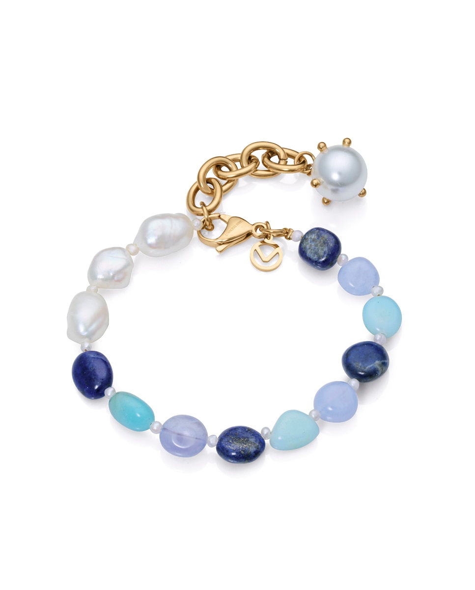 Pulseira Chic de Aço com Pedras Azuis e Pérolas Naturais e Sintéticas Azul / Branco-1