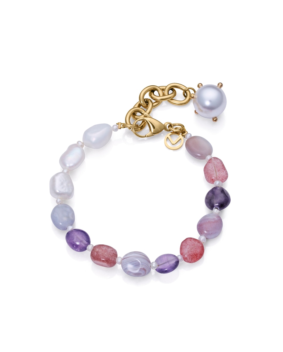 Pulseira Chic de Aço em Ip Dourado com Pedras Roxas e Pérolas Multicolor-1