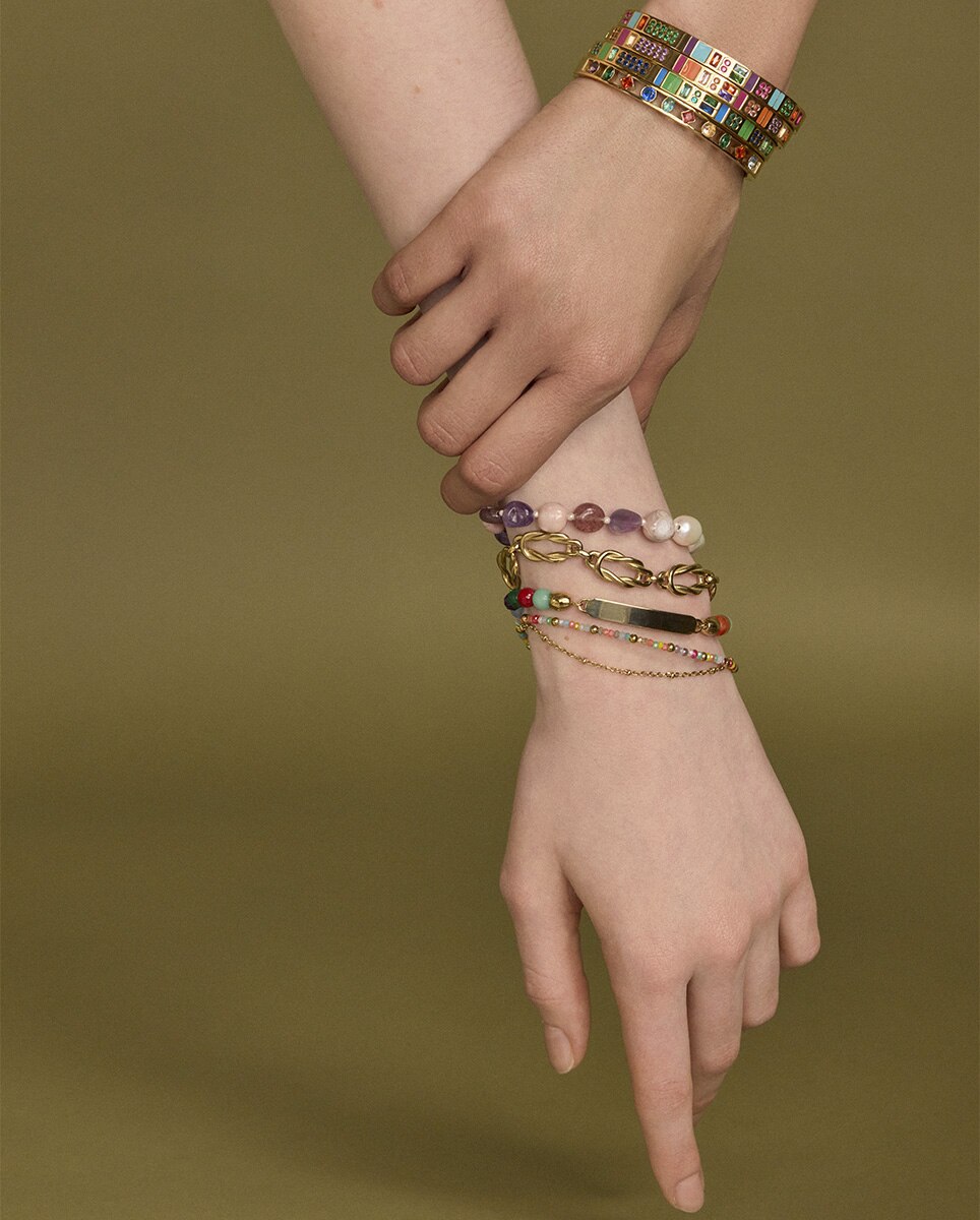 Pulseira Chic de Aço em Ip Dourado com Pedras Roxas e Pérolas Multicolor-2