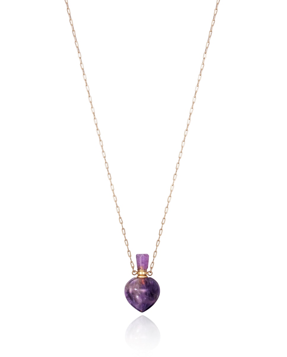Colar Chic Comprido Tipo Perfumero de Aço em Ip Dourado e Ametista Roxo-1