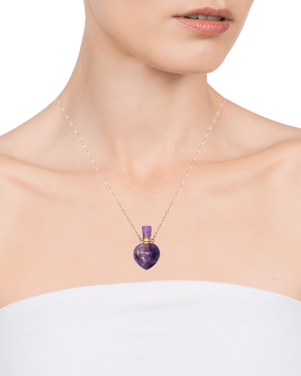 Colar Chic Comprido Tipo Perfumero de Aço em Ip Dourado e Ametista Roxo-2