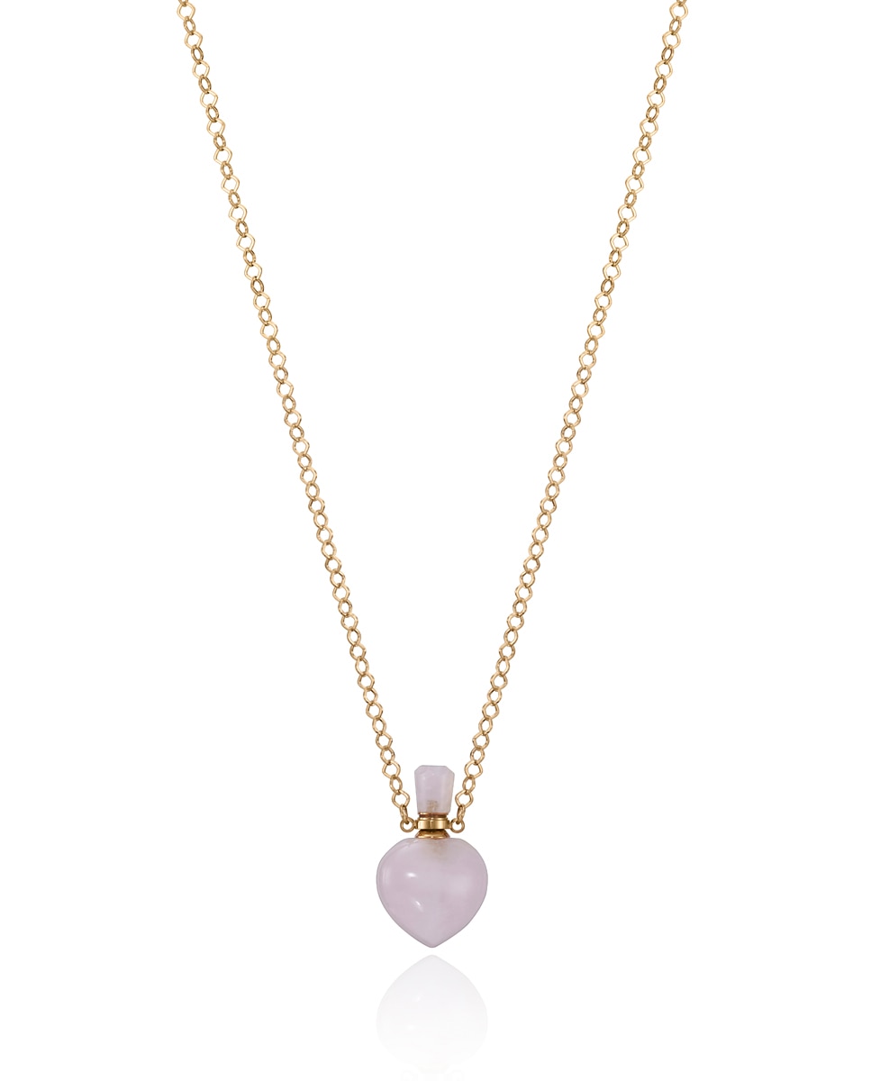 Colar Chic Comprido Tipo Perfumero de Aço em Ip Dourado e Quartzo Rosa Rosa-1