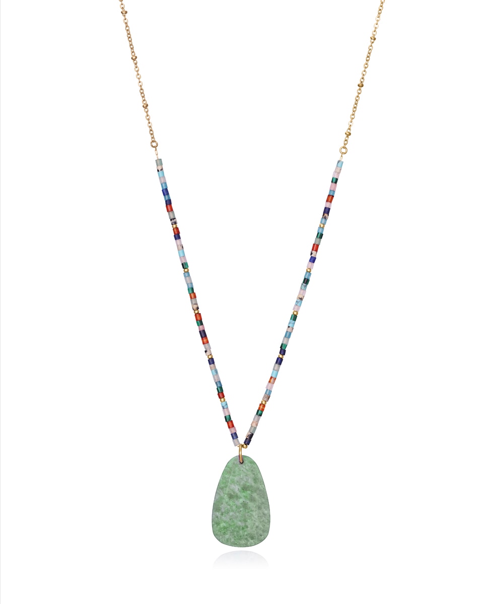 Colar Chic de Aço Ip Dourado com Pedras Naturais de Cores e Pingente de Pedra Natural Multicolor-1