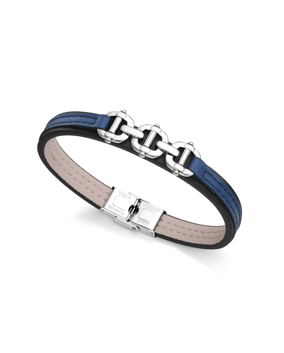 Pulseira Magnum de Aço com Pele em Preto e Azul e Motivo em Aço Multicolor-1