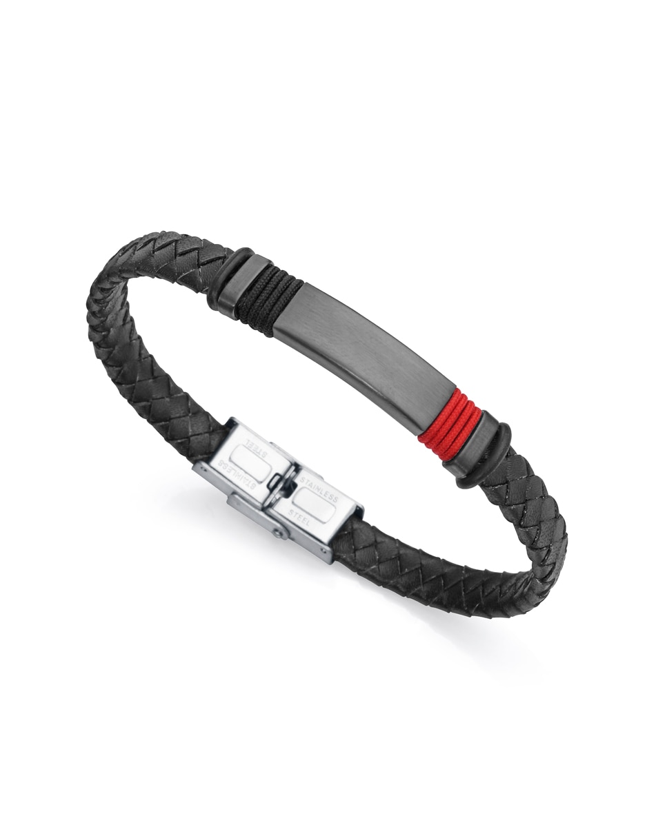 Pulseira Magnum de Pele em Preto com Motivo em Aço Ip Gun e Cordão em Vermelho Preto-2