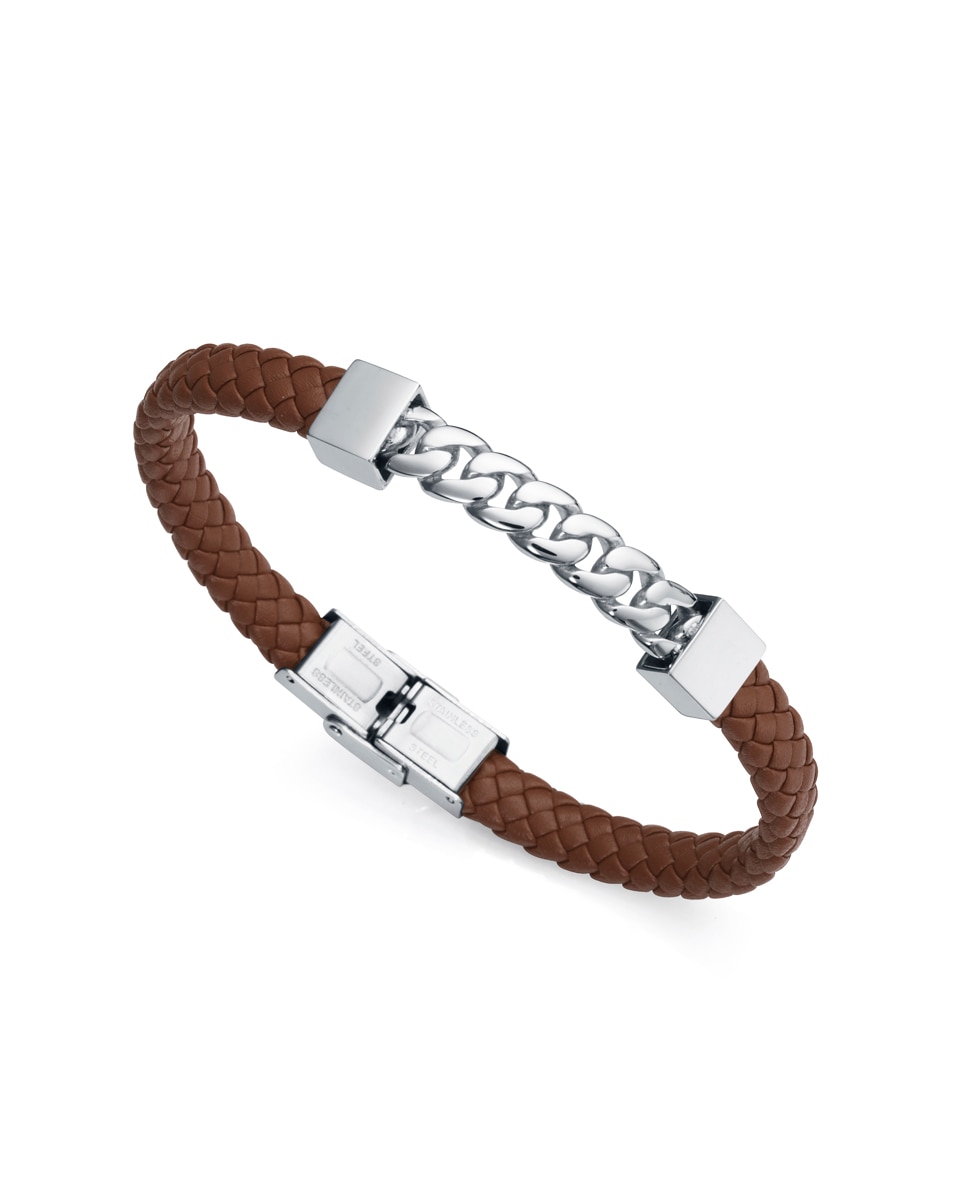 Pulseira Beat de Aço com Pele Castanha Castanho-1