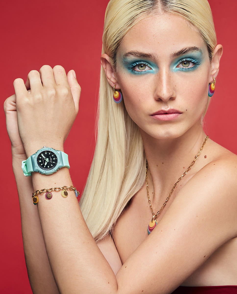 Relógio Analógico Colors com Caixa de Alumínio e Bracelete de Silicone, Verde Azul-celeste-5