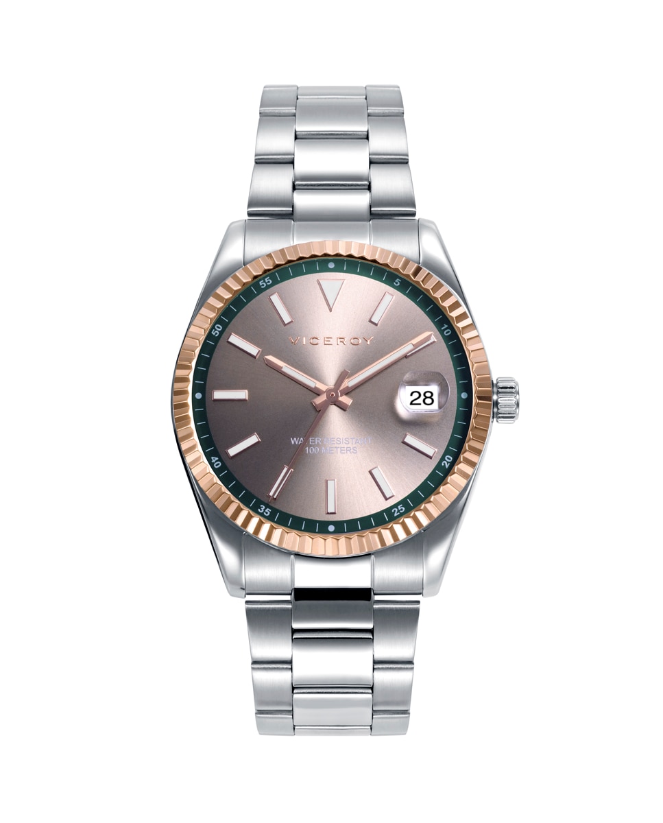 Relógio Analógico Chic com Caixa e Bracelete de Aço e Mostrador em Cinzento Prata / Rosa-1