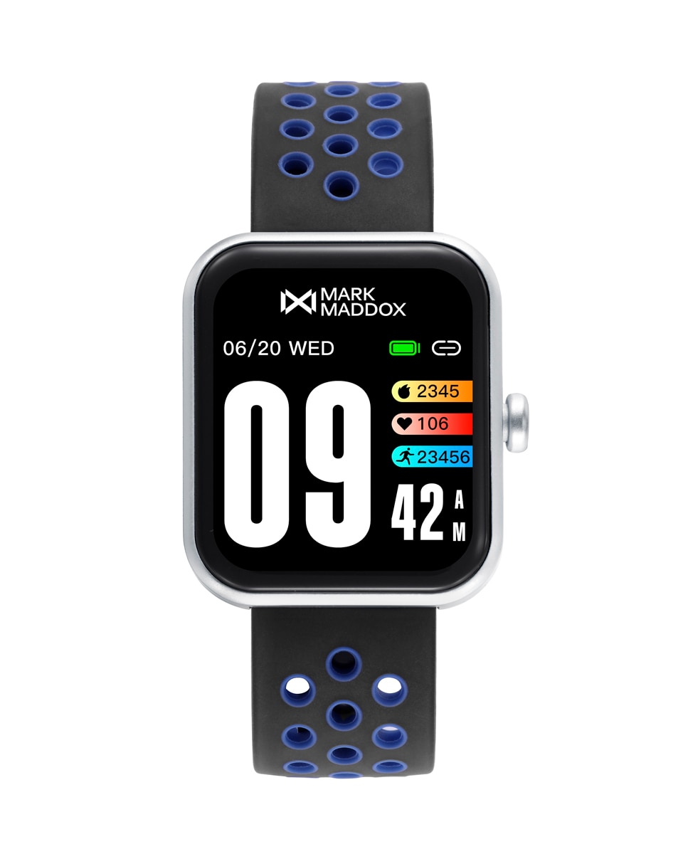 Smartwatch de Policarbonato em Preto e Bracelete de Silicone Perfurada Bicolor em Preto e Azul Preto / Azul-1