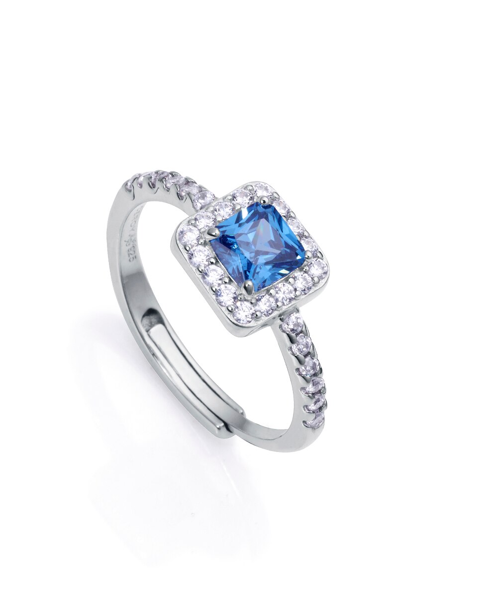 Anel Clássico de Prata de Lei com Banho de Ródio, Zircônia Azul e Zircônias Brancas Azul / Branco-1