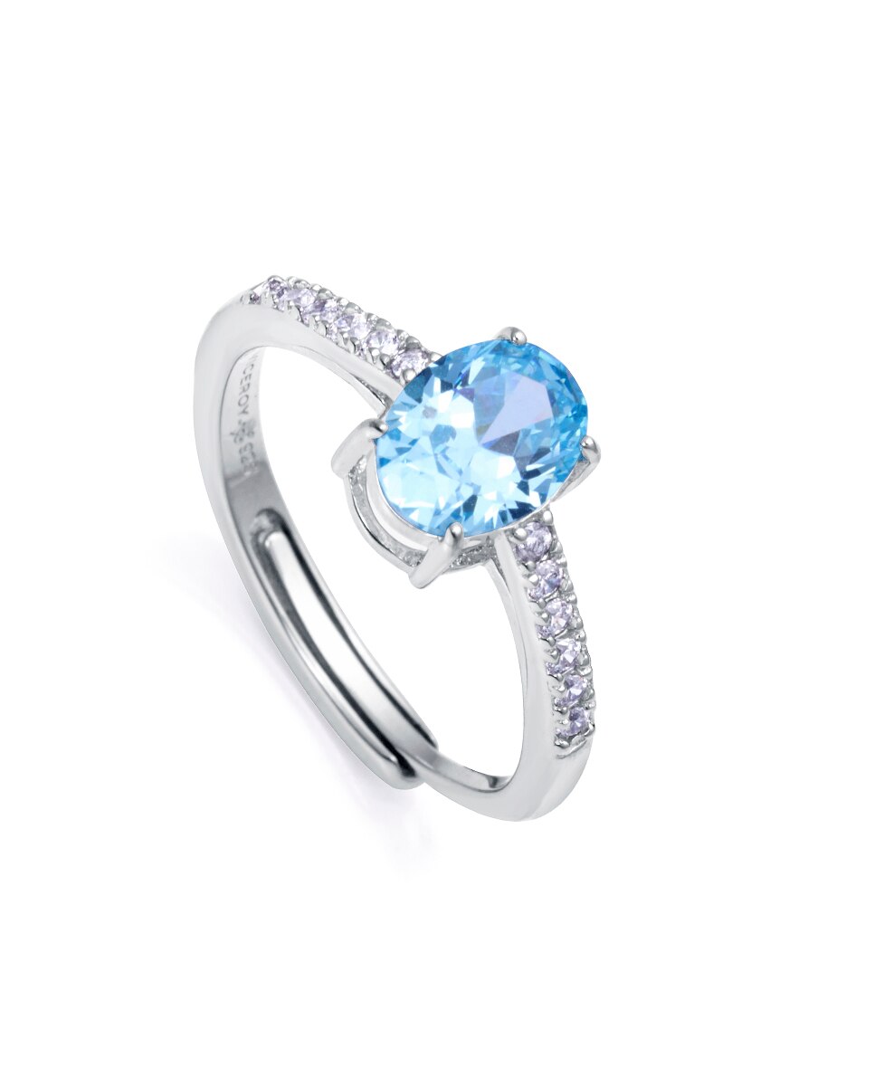 Anel Clássico de Prata de Lei com Banho de Ródio, Zirconita em Cor Água-marinha e Zirconitas Brancas Azul-claro-1