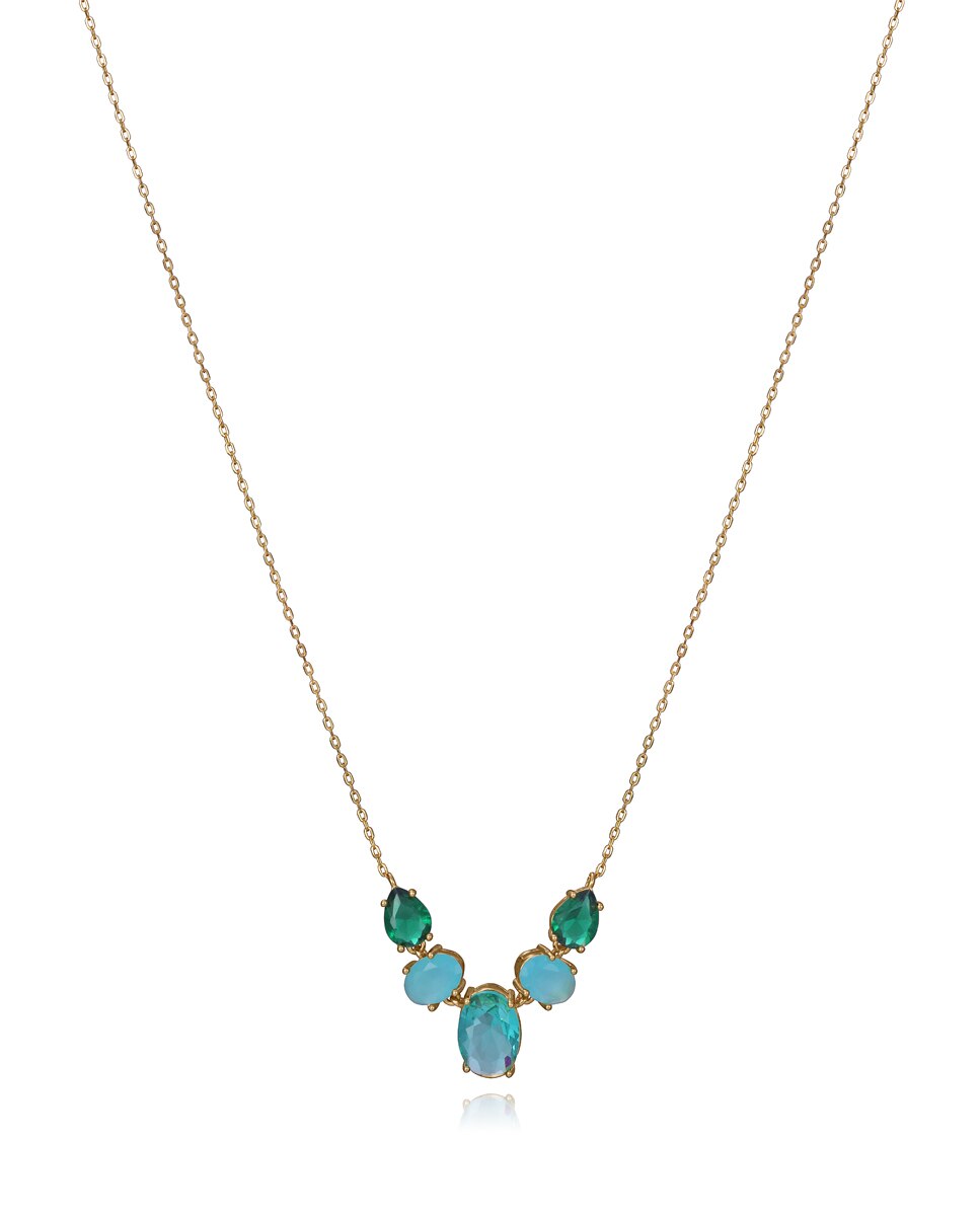 Corrente com Pingente Elegant de Prata de Lei com Banho de Ouro e Cristais em Verde e Azul Multicolor-1