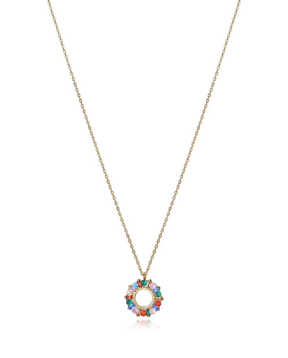 Colar Elegant de Prata de Lei com Banho de Ouro e Pingente de Aro com Zirconitas de Cores Multicolor-1