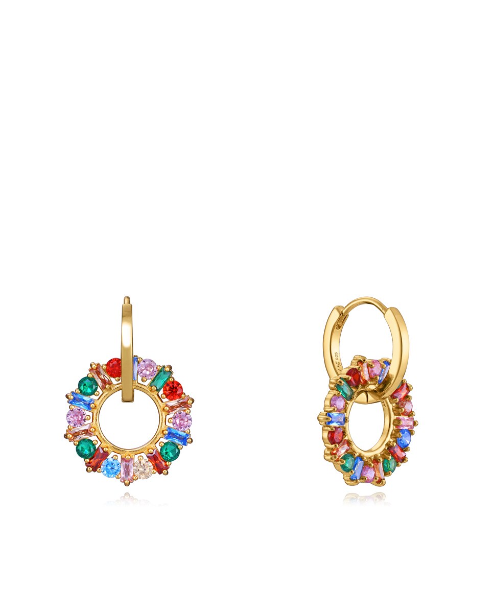 Brincos Elegant de Prata de Lei com Banho de Ouro, Argola com Aro Pendentes com Zircónias de Cores Multicolor-1