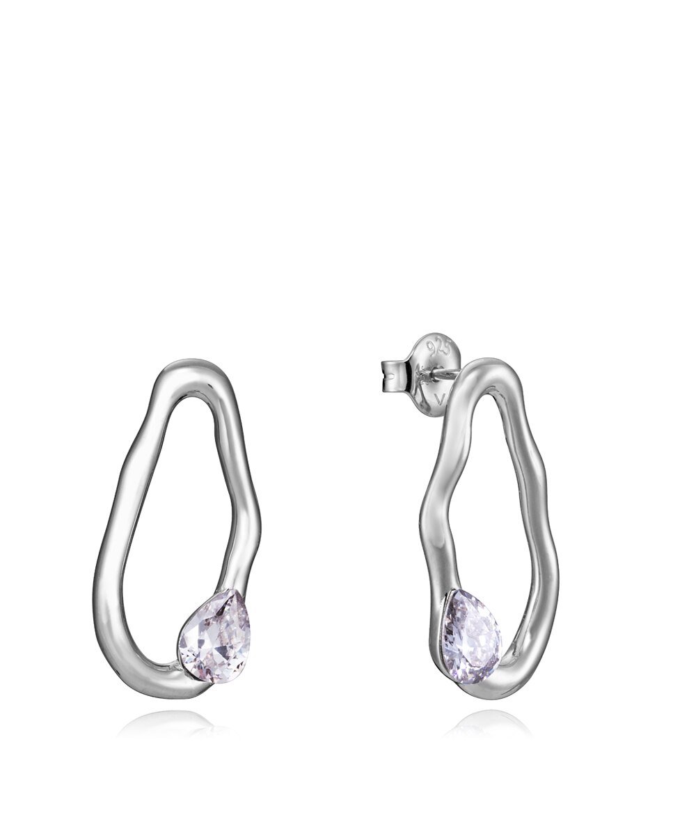 Brincos Elegant de Prata de Lei com Banho de Ródio Ovalado com Zirconita Branca Branco-1