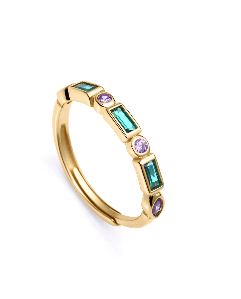 Anel Elegant de Prata de Lei com Banho de Ouro com Zirconitas Verdes e Violetas Multicolor-1