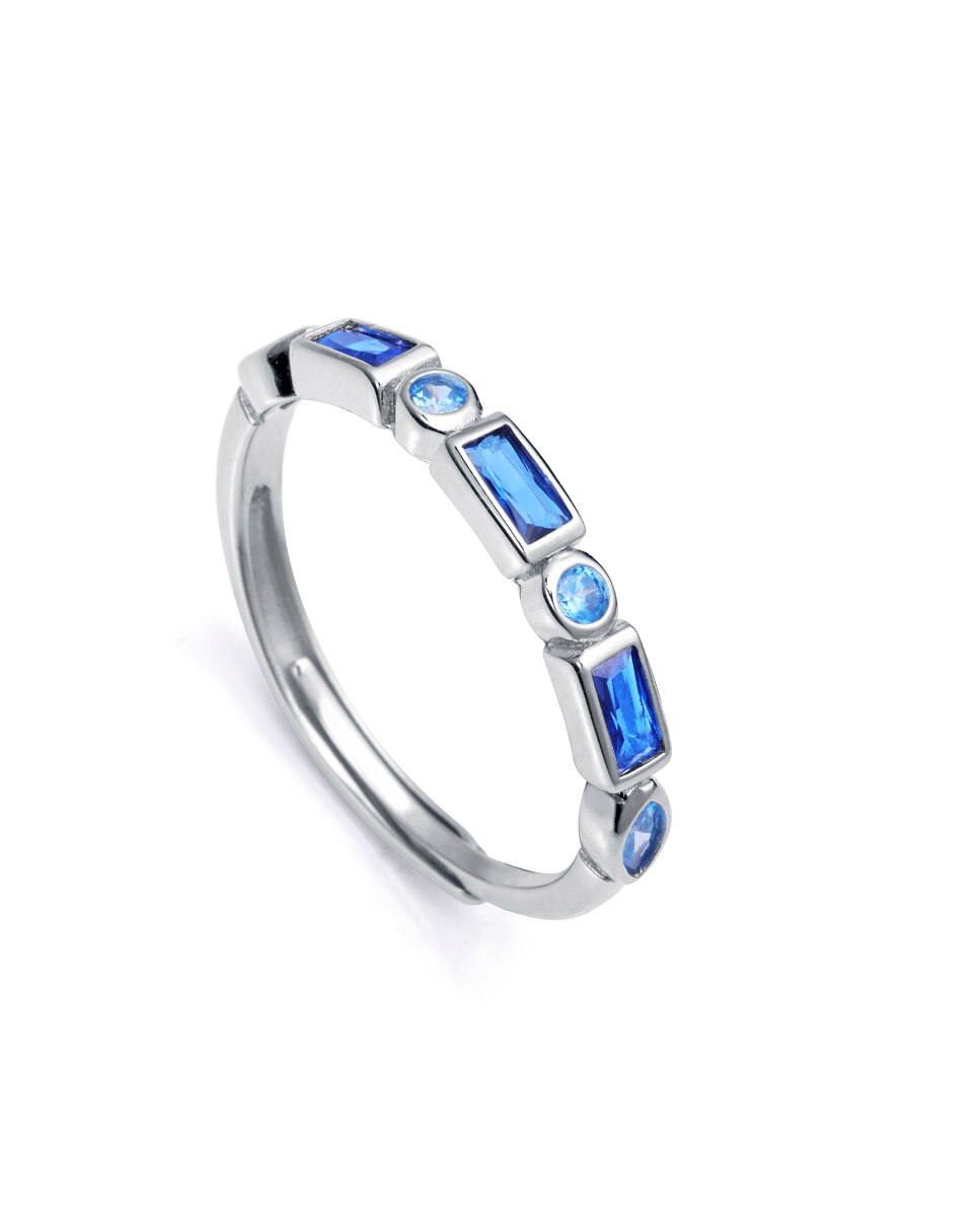 Anel Elegant de Prata de Lei com Banho Ródio e Zirconitas Azuis Azul-1