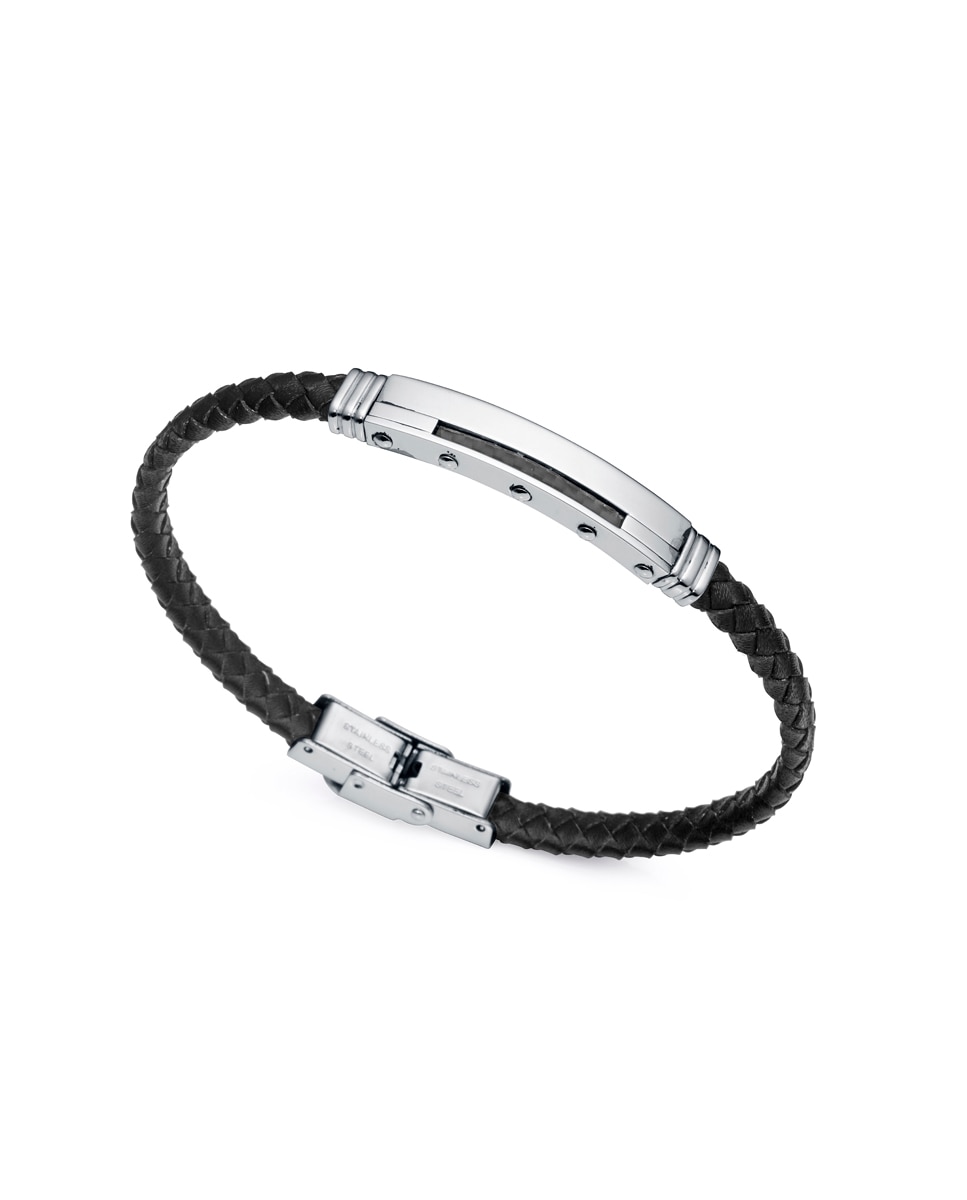 Pulseira Beat de Aço e Fibra de Carbono com Pele Preta Entrançada Preto-1