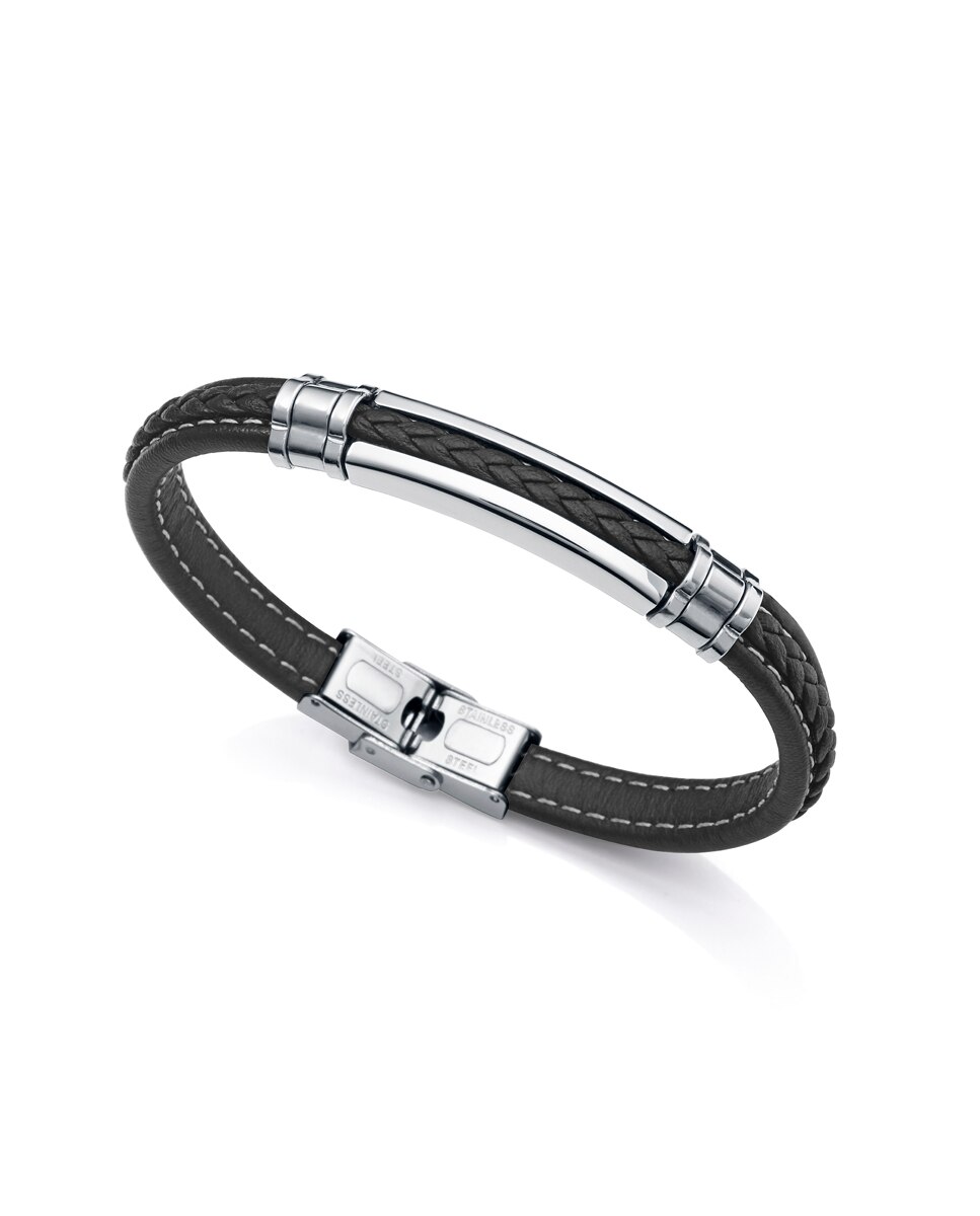 Pulseira Magnum de Aço com Pele em Preto Preto-2