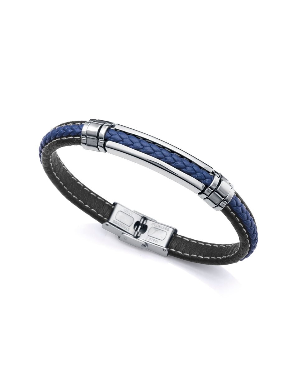 Pulseira Magnum de Aço com Pele em Preto e Azul Multicolor-2