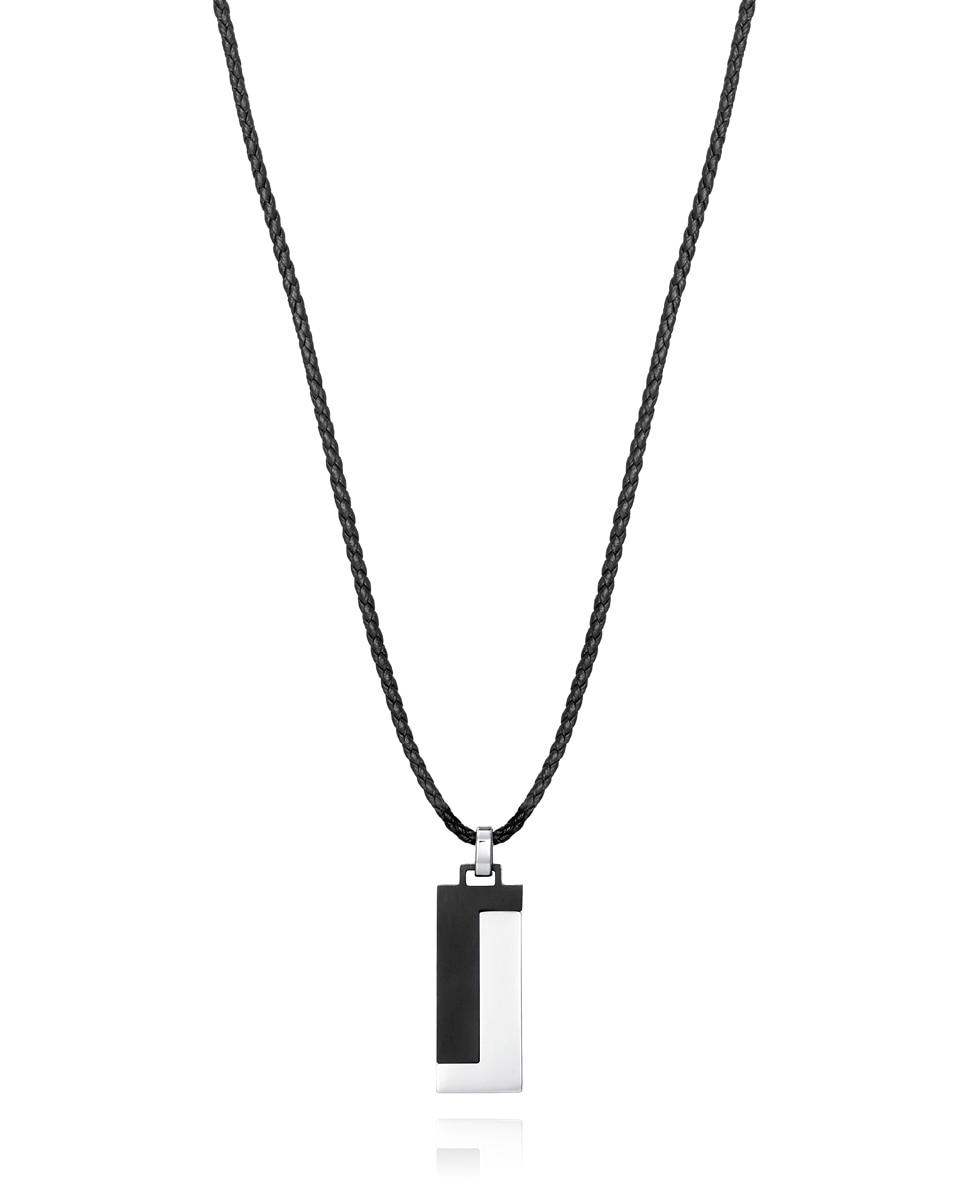 Colares Magnum de Pele em Preto com Placa Pendente em Aço e Ip em Preto Preto-1