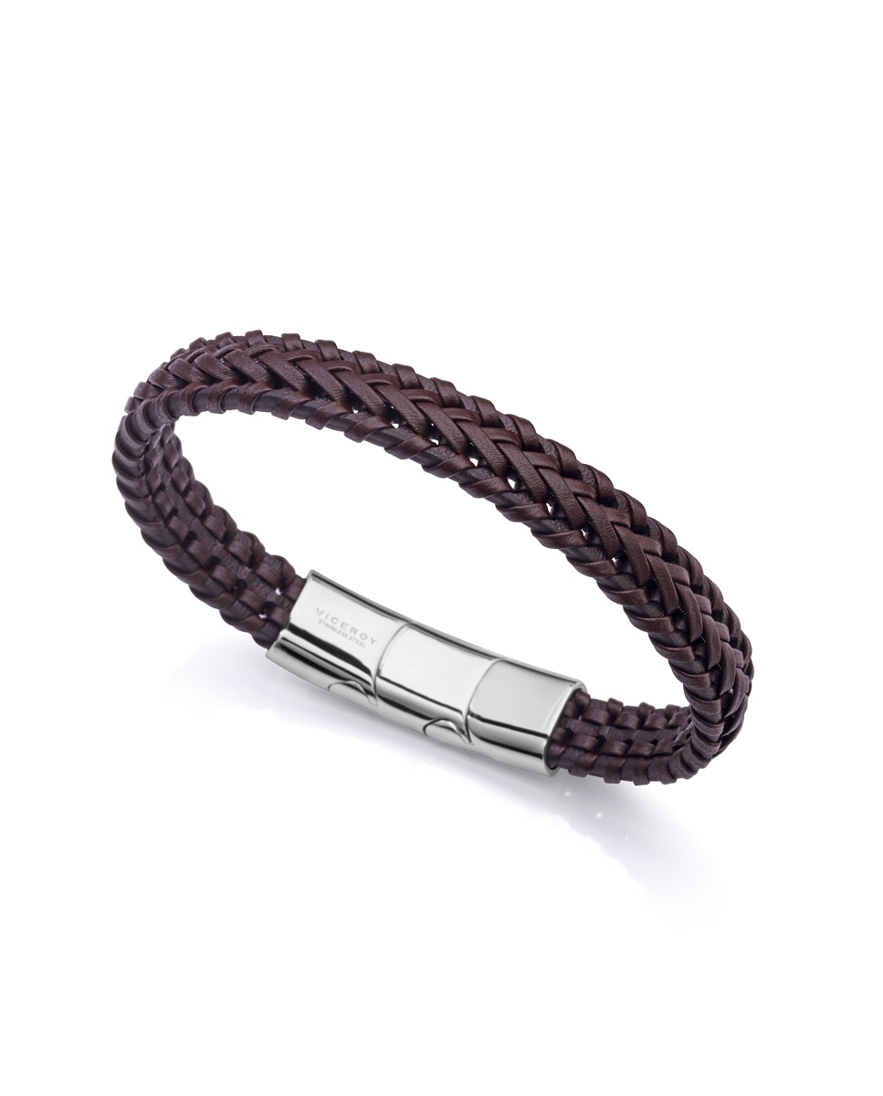 Pulseira Magnum de Aço com Pele em Castanho Entrançada, Fecho e Extensão Castanho-1