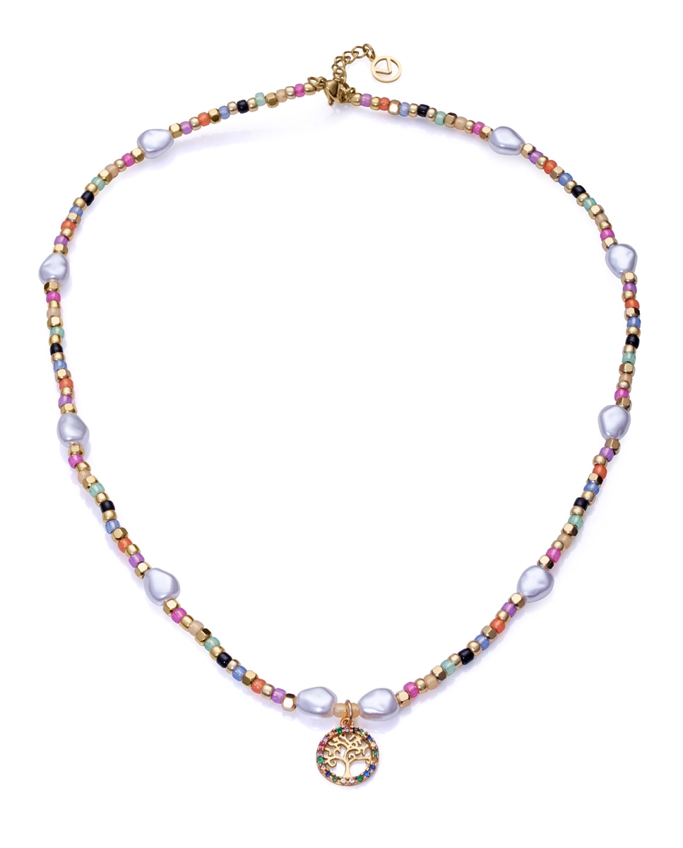 Colar Kiss de Aço Ip Dourado com Contas de Cristal e Pérola Sintéticas Multicolor-1
