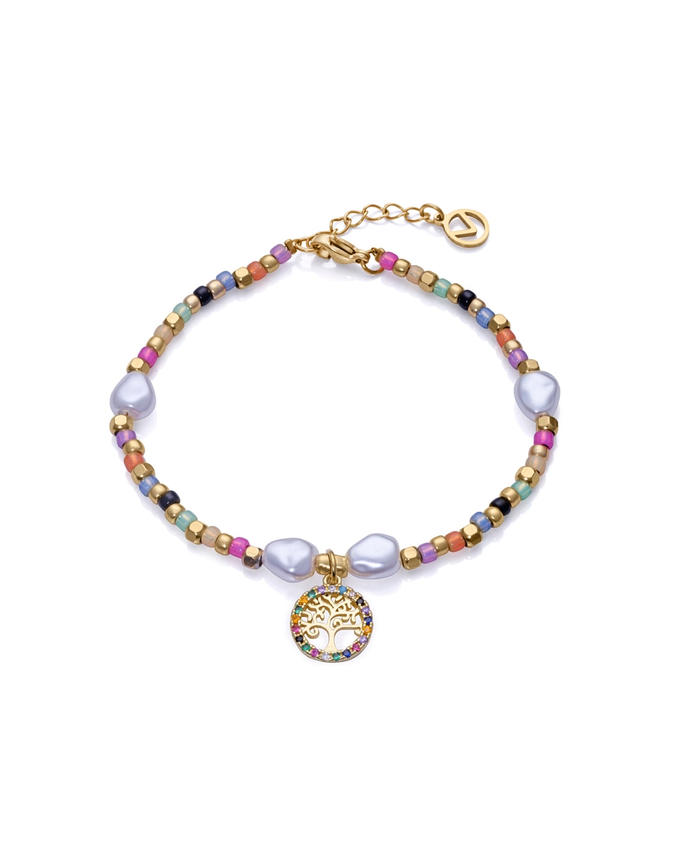 Pulseira Kiss de Aço Ip Dourado com Contas de Cristal e Pérolas Sintéticas Multicolor-1