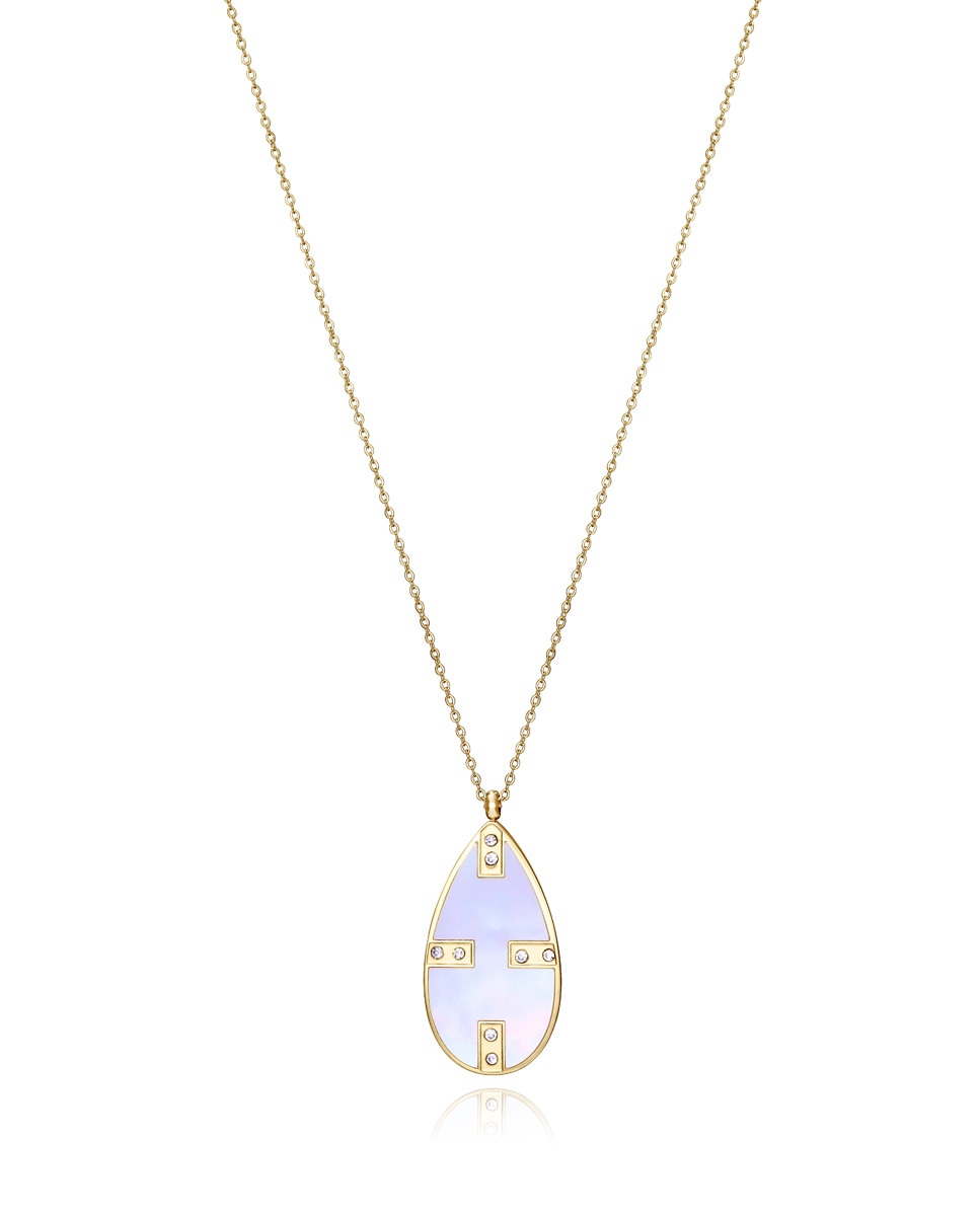 Colar Chic de Aço em Ip Dourado com Pingente Madrepérola e Zirconitas Branco-1