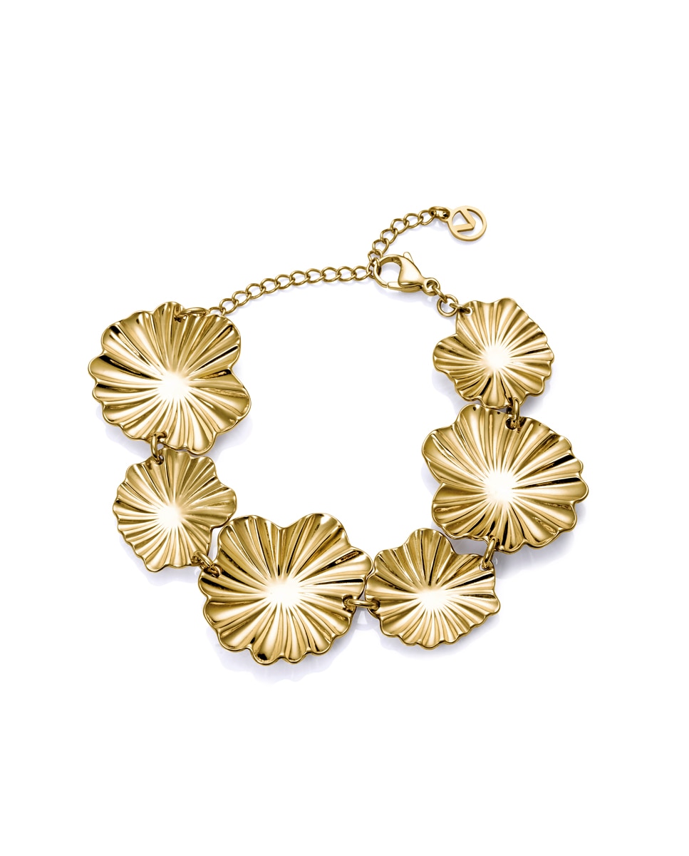 Pulseira de Corrente Chic de Aço Ip Dourado, com Placas de Flores Dourado-1