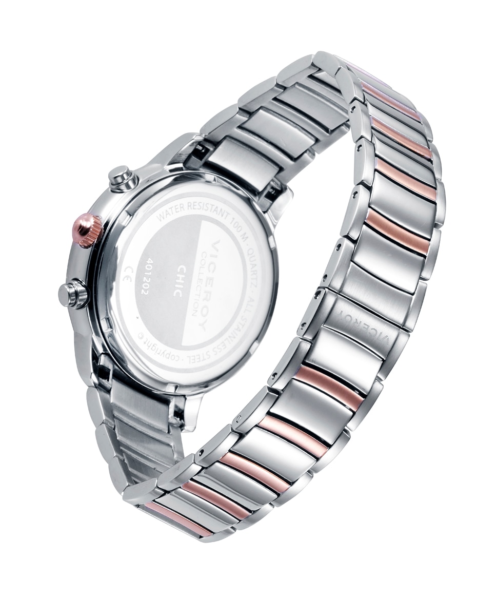 Relógio Analógico Chic Caixa e Bracelete Bicolor de Aço e Ip Rosa Prata / Rosa-2