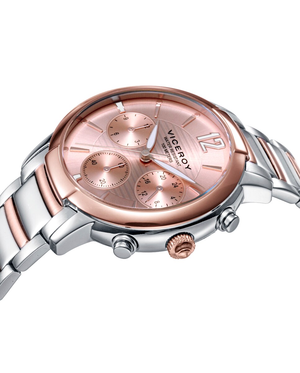 Relógio Analógico Chic Caixa e Bracelete Bicolor de Aço e Ip Rosa Prata / Rosa-3