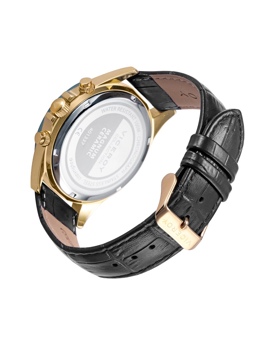 Relógio Analógico Magnum Caixa de Aço em Ip Dourado e Bracelete de Pele em Preto Ouro-2