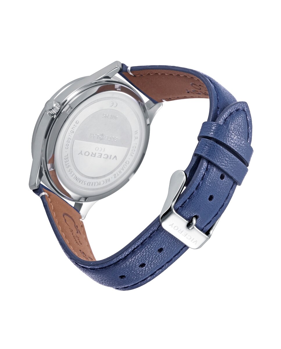 Relógio Analógico Ecosolar Caixa de Aço Reciclado e Bracelete Vegana Azul-marinho-2