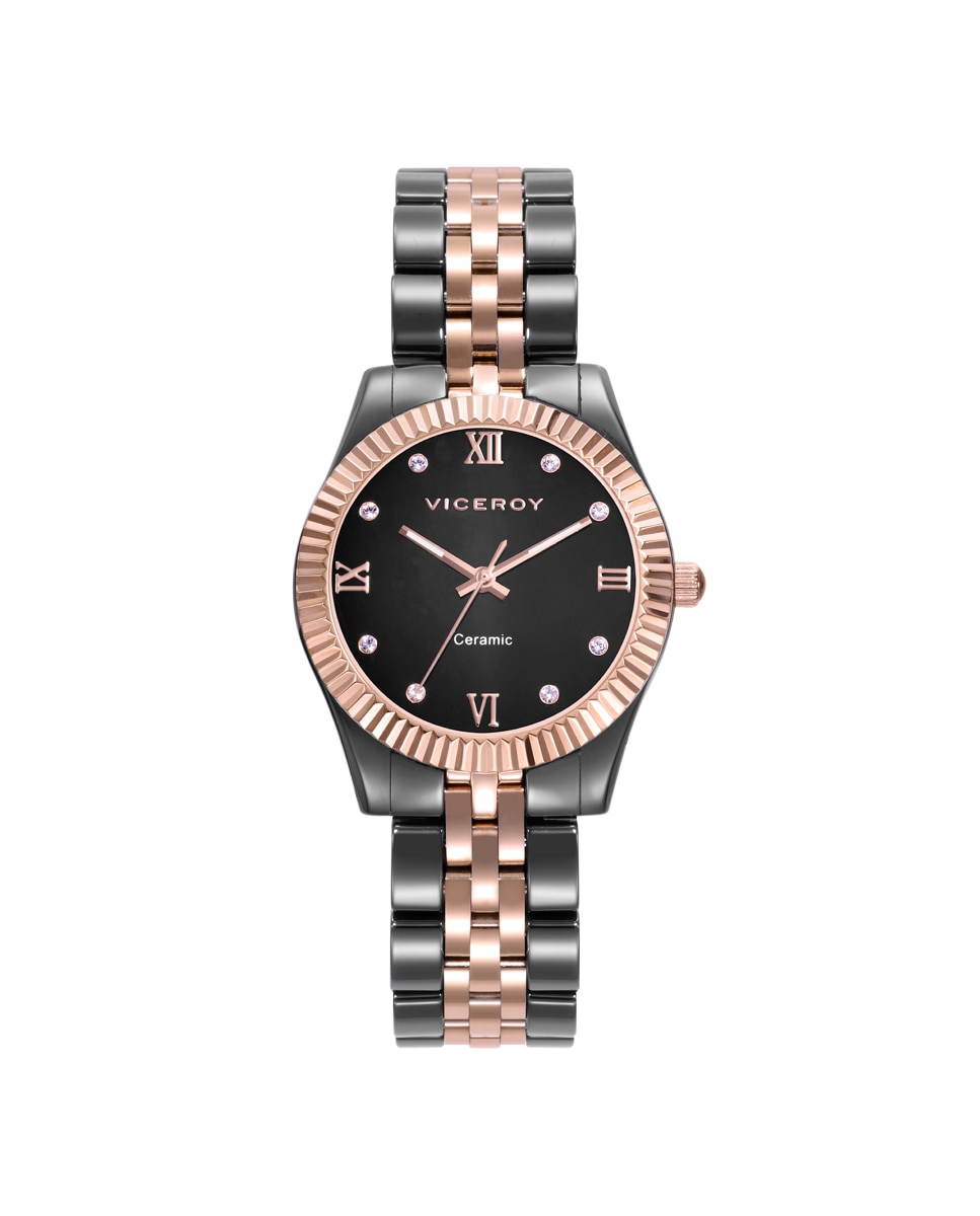 Relógio Analógico Chic de Caixa e Bracelete de Cerâmica e Aço Ip Rosa Preto-1