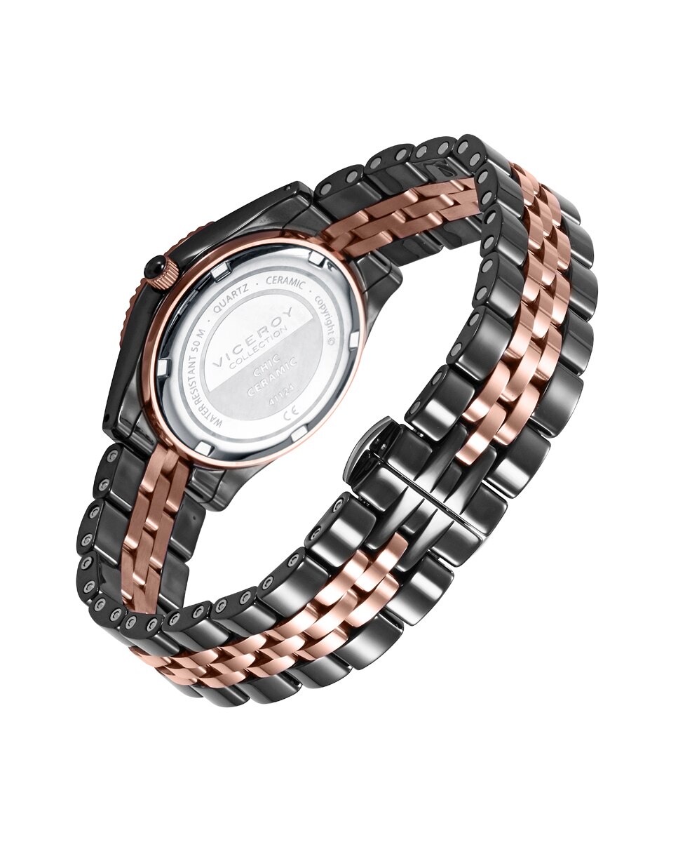 Relógio Analógico Chic de Caixa e Bracelete de Cerâmica e Aço Ip Rosa Preto-2