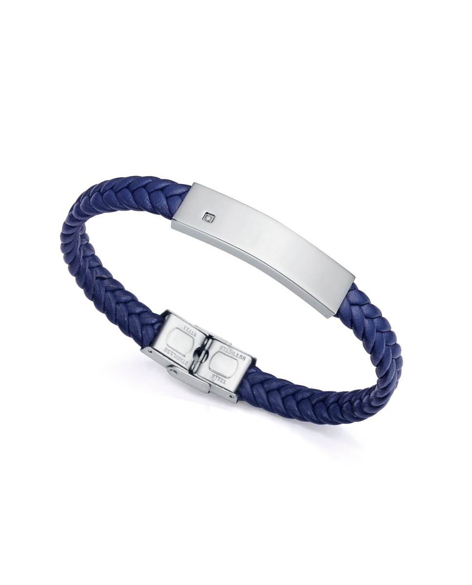 Pulseira Magnum de Aço com Diamante e Pele Entrançada em Azul Azul-1