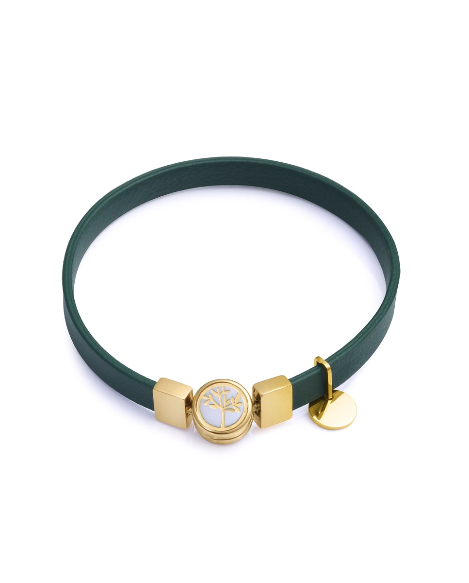 Pulseira Eco de Aço Reciclado e Ip Dourado com Bracelete Vegana em Verde Verde-escuro-1