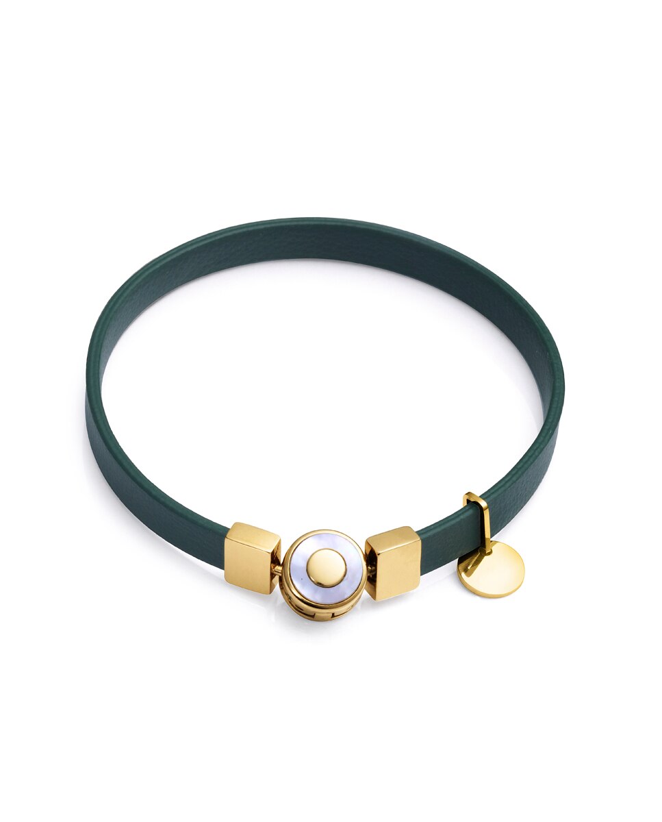 Pulseira Eco de Aço Reciclado e Ip Dourado com Bracelete Vegana em Verde Verde-escuro-2